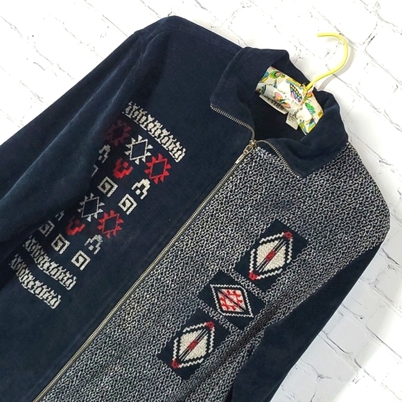Vintage Chico's Design Navy Blue Black Southwestern Full Zip Jacket Shacket Sz 2 - Picture 5 of 17